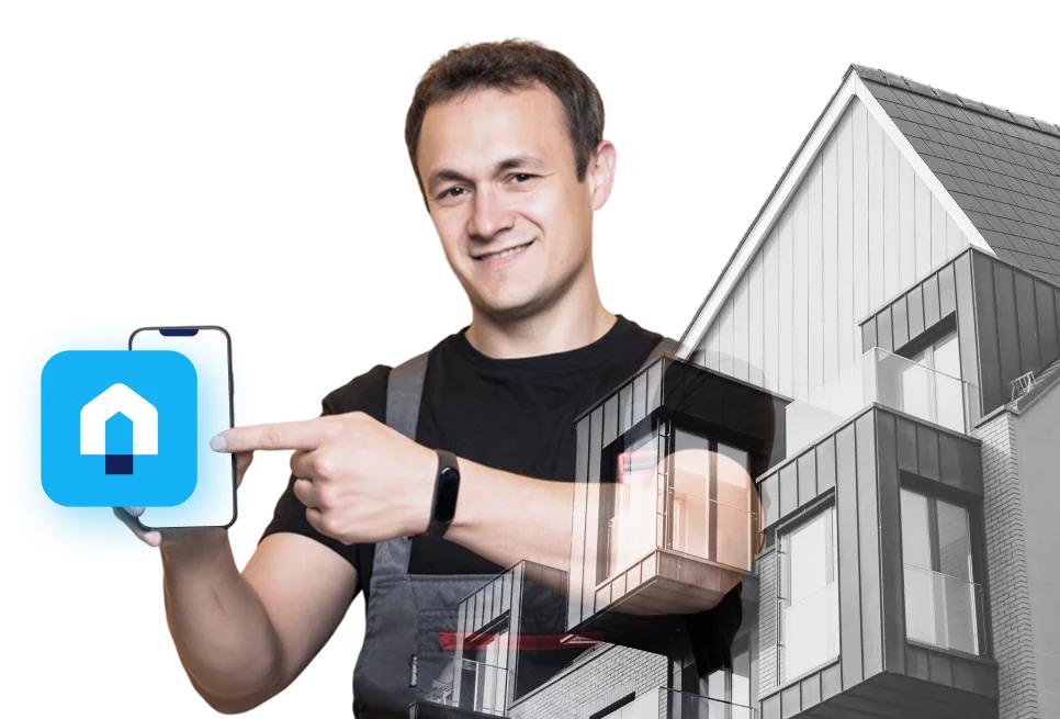 Dubai technician promoting Ayan Home Decor mobile app for home maintenance and renovation services